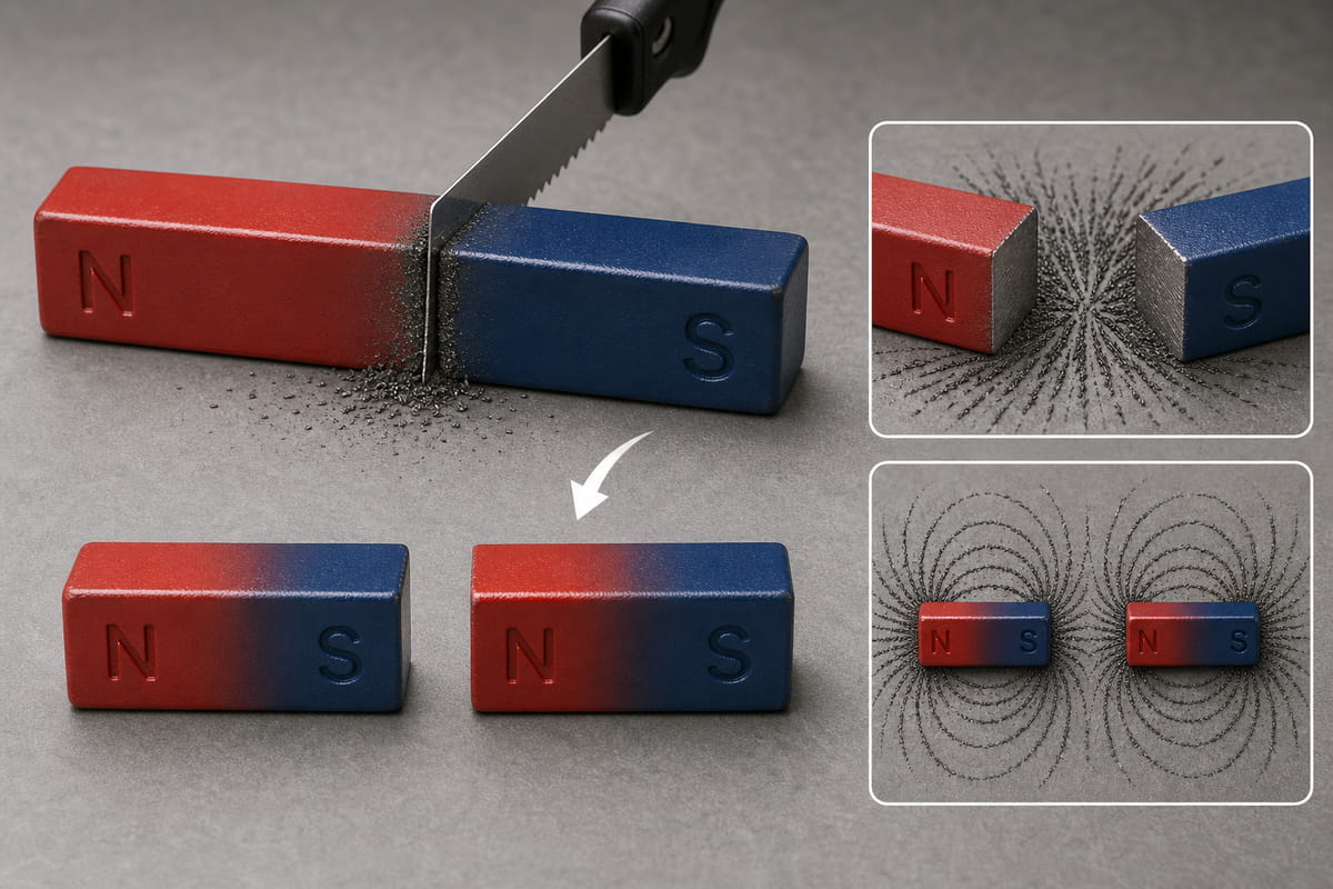 Was passiert, wenn man einen Stabmagneten in zwei Hälften schneidet? 4 Wenn man einen Stabmagneten in zwei Hälften schneidet, wird jede Hälfte zu einem kleineren Magneten mit einem Nord- und einem Südpol.