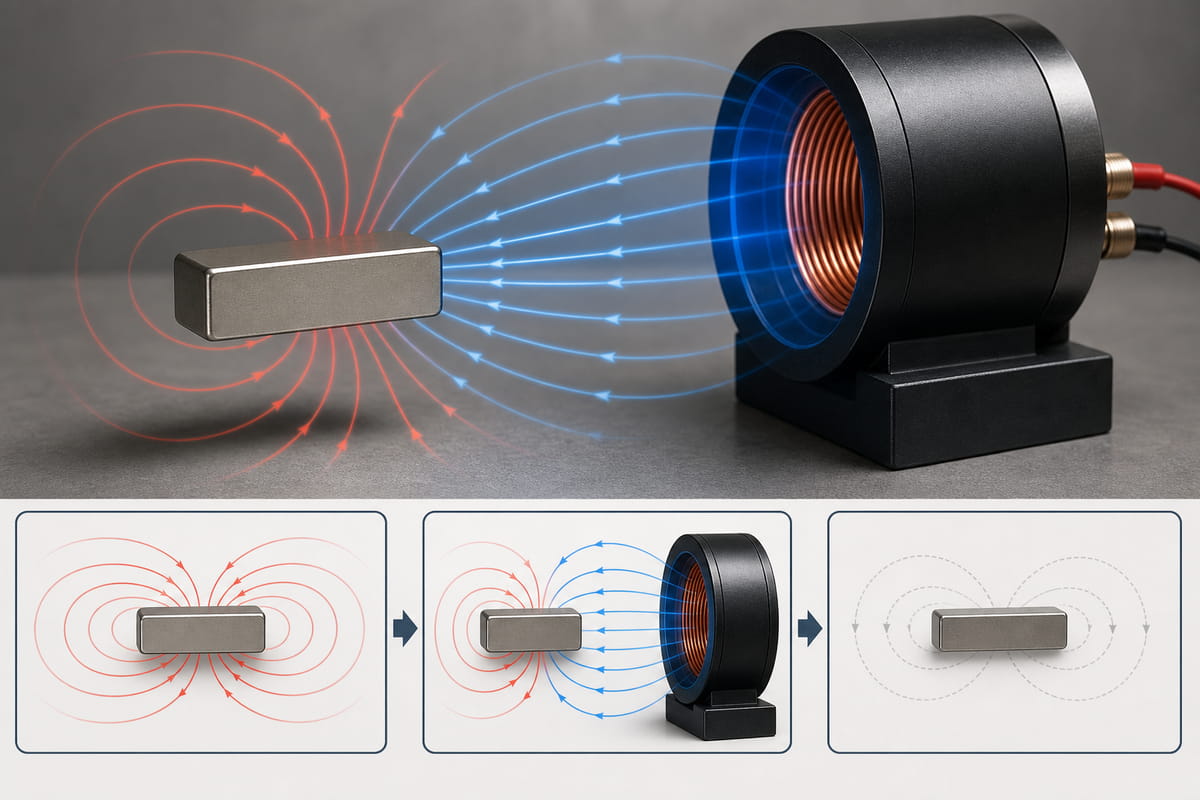ein Magnetfeld mit entgegengesetzter Polarität an das eigene Feld des Magneten anlegen
