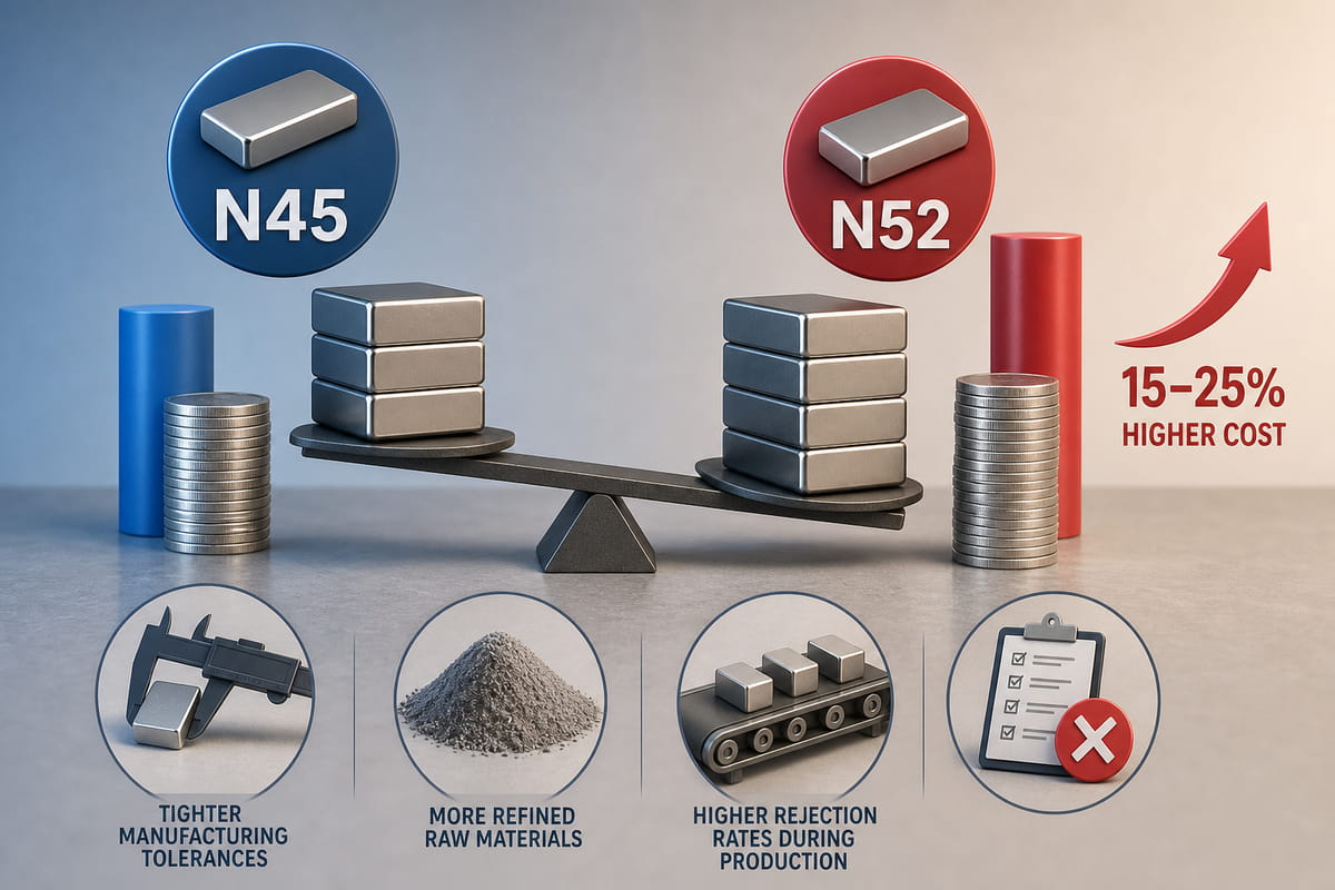 Magnete vom Typ N45 vs. N52: Stärke, Kosten, Temperatur und die Wahl der richtigen Güteklasse 5 Kosten für N45- und N52-Magnete