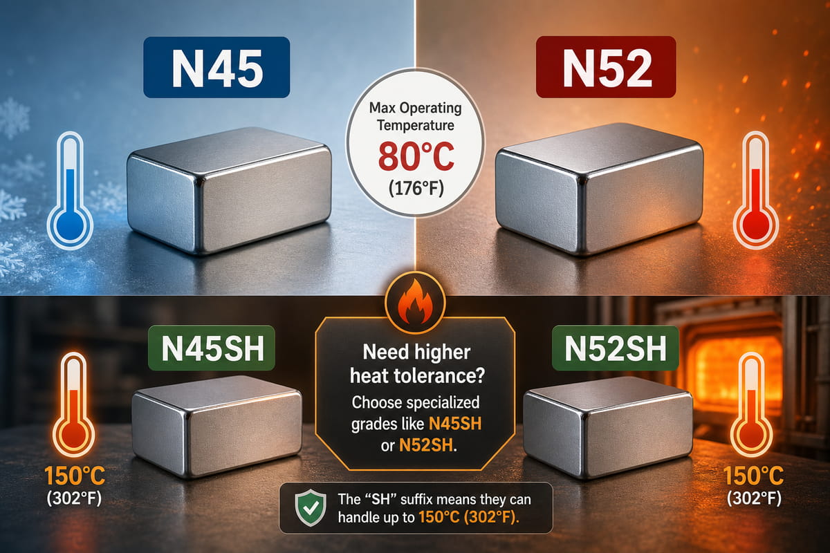N45- vs. N52-Magnete: Stärke, Kosten, Temperatur und die Wahl der richtigen Güteklasse 6 Temperaturbeständigkeit von N45- und N52-Magneten