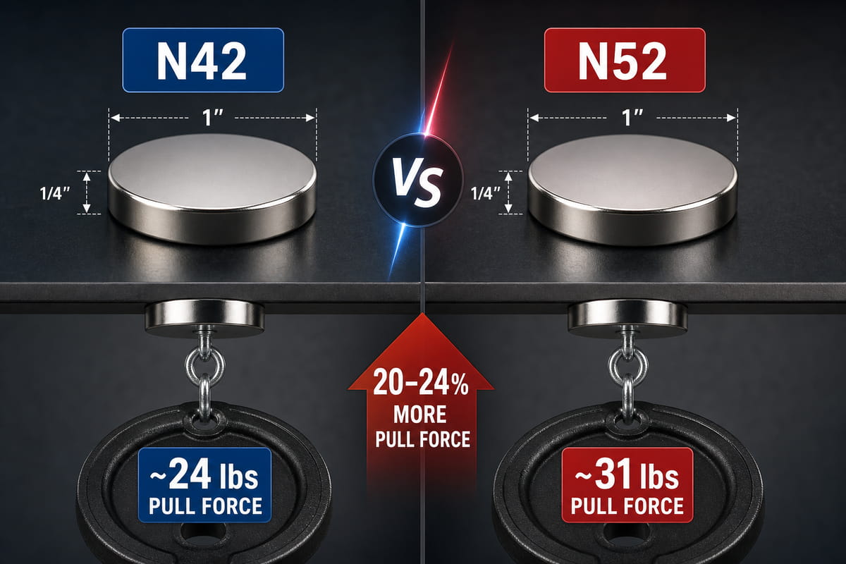 N52- vs. N42-Magnete: Stärke, Wärmeentwicklung, Kosten und welche man kaufen sollte 4 Ein N52-Magnet hat eine um 20–241 TP3T höhere Anziehungskraft als ein N42-Magnet.